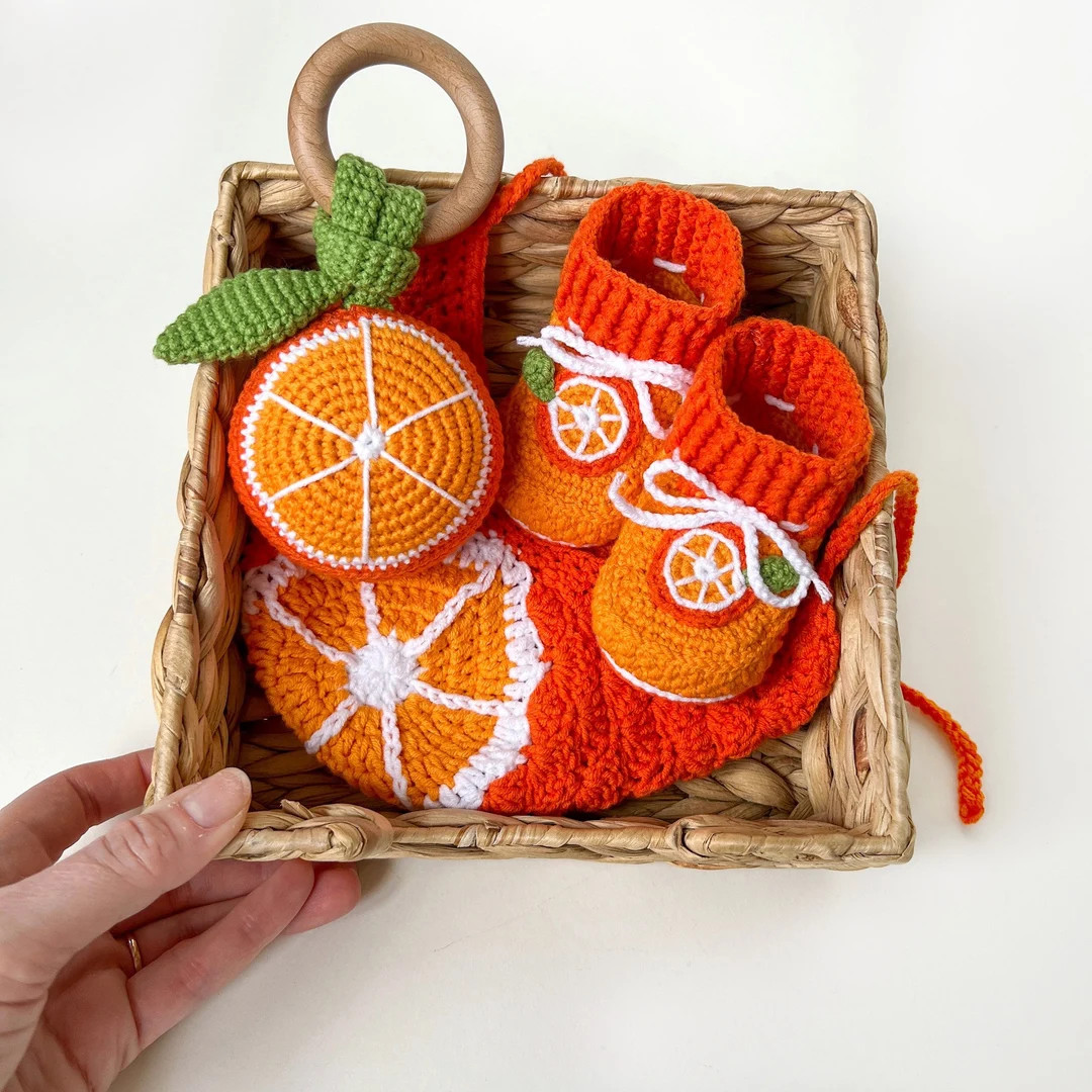 Little Cutie Baby Shower Pregnancy Gift Box, New Baby Gift Set: Orange Rattle, Baby Booties, Croc... | Etsy (US)