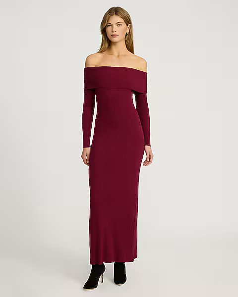 Cozy Ribbed Fold Over Off The Shoulder Maxi Sweater Dress | Express