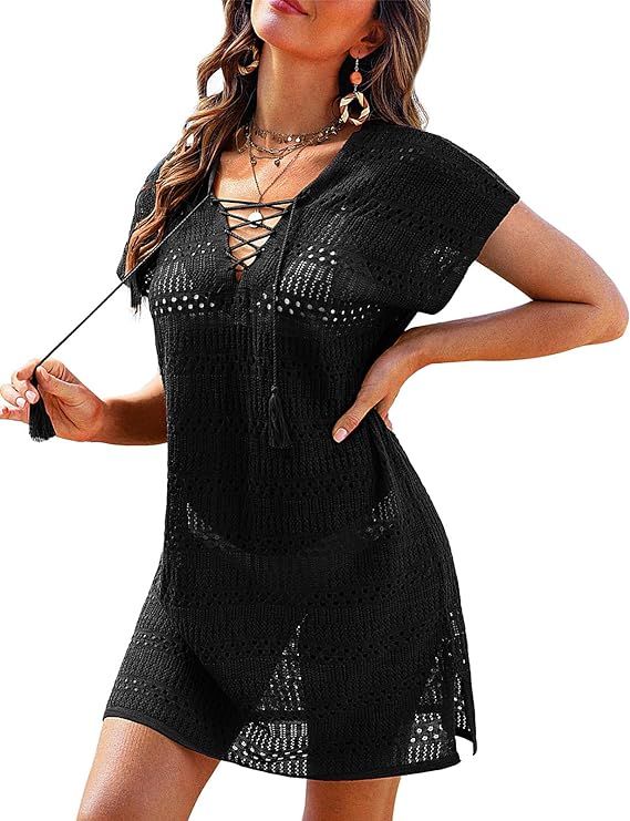 JASAMBAC Womens Swimsuit Cover Ups 2024 Crochet Short Sleeve V Neck Summer Beach Bikini Swimwear ... | Amazon (US)