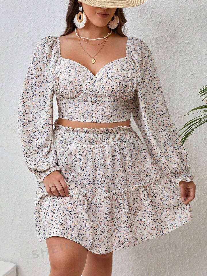 SHEIN VCAY Plus Ditsy Floral Print Crop Top & Frill Trim Skirt | SHEIN