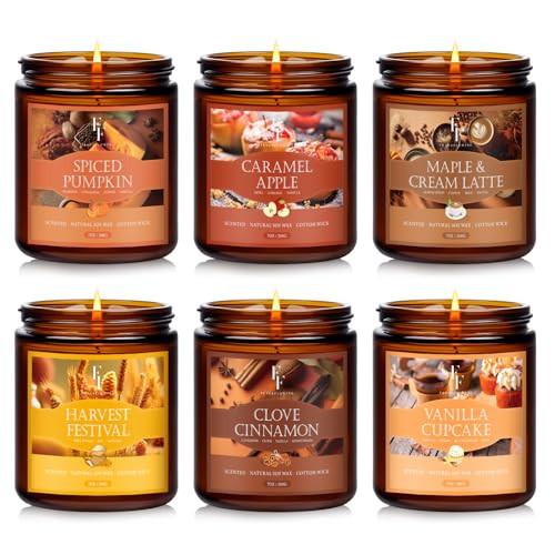 Fall Candles Set, 6 Pack Candles for Home Scented Natural Soy Wax, Autumn Gifts Set for Women Men, Fall Fragrance of Pumpkin/Cinnamon/Vanilla Cupcake/Apple/Harvest/Latte | Amazon (US)