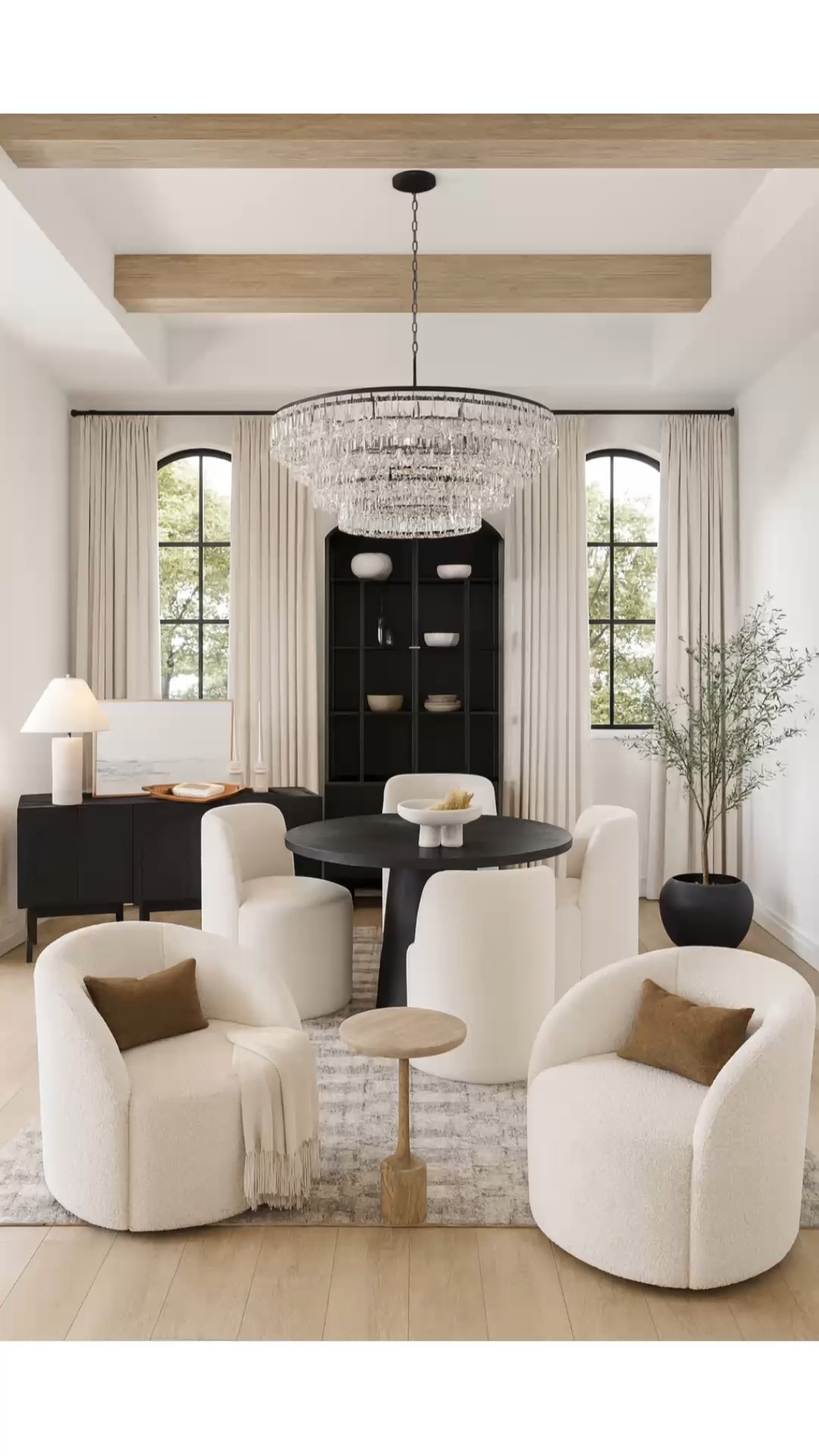 Neutral dining room mood board design and decor ideas. This chandelier is from Amazon!
Organic modern, round dining table, upholstered dining chairs, black arch cabinet storage, sideboard cabinets, olive tree, planter, curtains, swivel chairs, Restoration hardware, Pottery Barn style, Crate & Barrel style, Thanksgiving, Christmas holiday entertaining #LTKFamily 

#LTKHome #LTKStyleTip #LTKSaleAlert