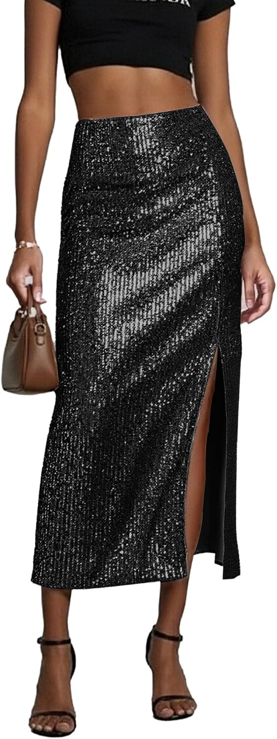 Women's Sequin Midi Skirt, Sparkly High Waisted Bodycon Pencil Skirt with Slit and Elastic Waist for Cocktail Party | Amazon (US)