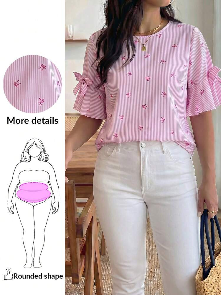 Enliva Plus Size Pink Striped Bow Print Round Neck Short Sleeve Blouse, Loose And Sweet, Cute Summer Tops,European,Country Concert,Club,Elegant Blouses,Casual Daily Wear,For Daily Wear, Vacation Style, Holiday,Boho/Bohemian,Elegant Daily Party Event,Holiday,Casual Daily Wear | SHEIN