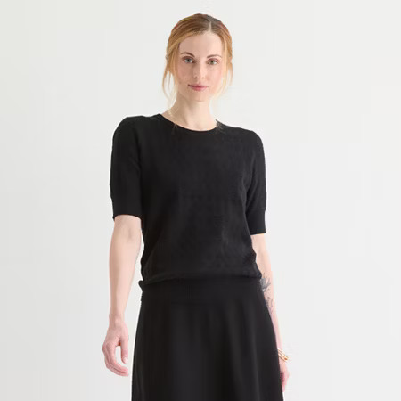 Liz Claiborne Womens Crew Neck Elbow Sleeve Pullover Sweater, Small, Black | JCPenney