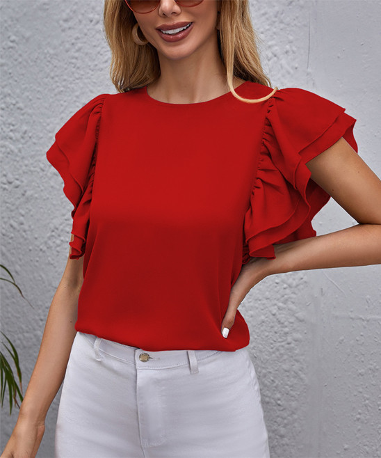 IZURIA Women's Tee Shirts Red - Red Ruffle Flutter-Sleeve Crewneck Top - Women & Plus | Zulily