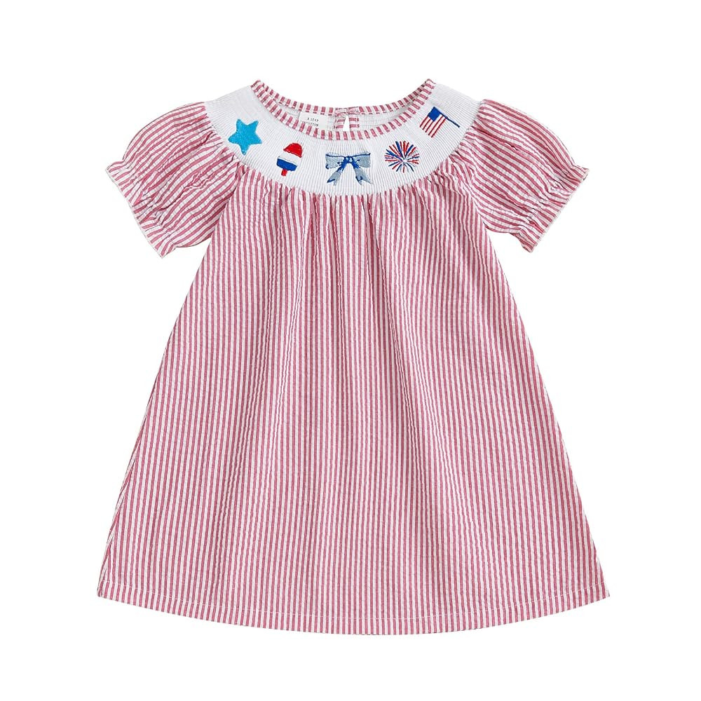 Adobabirl Toddler Baby Girl 4th of July Smocked Dress Puff Sleeve American Flag Embroidery Stripe... | Amazon (US)