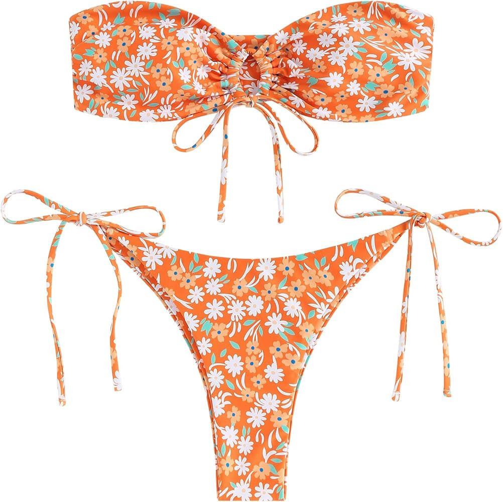 ZAFUL Women O Ring Bandeau Bikini Set, Strapless Swimsuit Tie Bikini High Cut 2 Pieces Bathing Su... | Amazon (US)