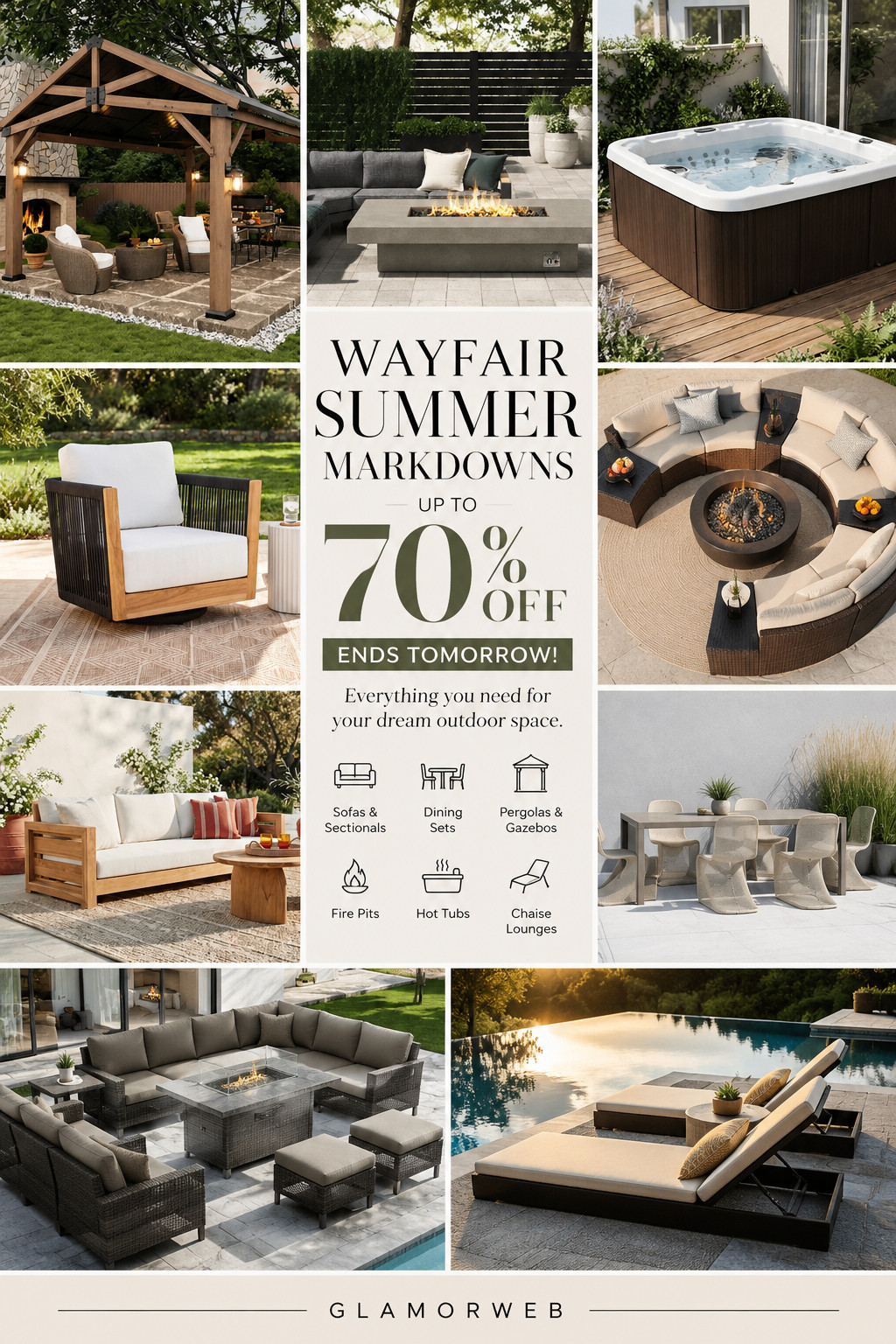 🚨 SALE ALERT! If you've been waiting to upgrade your backyard, this is your sign! Wayfair's Summer Markdowns are here with up to 70% OFF, and the sale ends tomorrow. I'm obsessed with all the gorgeous outdoor finds—from cozy sectionals and conversation sets to patio dining tables, pergolas, gazebos, fire pits, chaise lounges, and even hot tubs. It's the perfect time to create a cozy outdoor space you'll love for late summer and an easy fall patio refresh. 🍂🏡 Don't wait—these deals won't last!

#Wayfair #WayfairFinds #WayfairSale #SummerMarkdowns #OutdoorLiving #OutdoorFurniture #PatioFurniture #OutdoorSofa #OutdoorSectional #ConversationSet #PatioDining #OutdoorDining #BackyardGoals #BackyardMakeover #PatioDecor #PatioRefresh #FallPatio #FallOutdoorDecor #FirePit #Pergola #Gazebo #HotTub #ChaiseLounge #OutdoorChairs #OutdoorStyle #OutdoorInspo #BackyardInspo #HomeDecor #HomeInspo #LTKHome #LTKSale #LTKFinds #PatioSeason #OutdoorEntertaining #CozyPatio #OutdoorRefresh #HomeDeals #SummerDeals #FallReady #OutdoorDesign 

 #LTKSeasonal #LTKHome #LTKSaleAlert