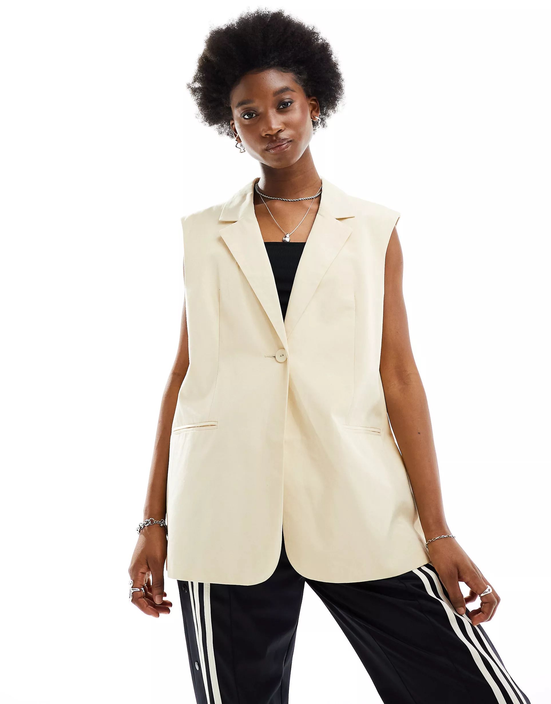 ASOS DESIGN sleeveless tailored blazer with linen in buttermilk | ASOS (Global)