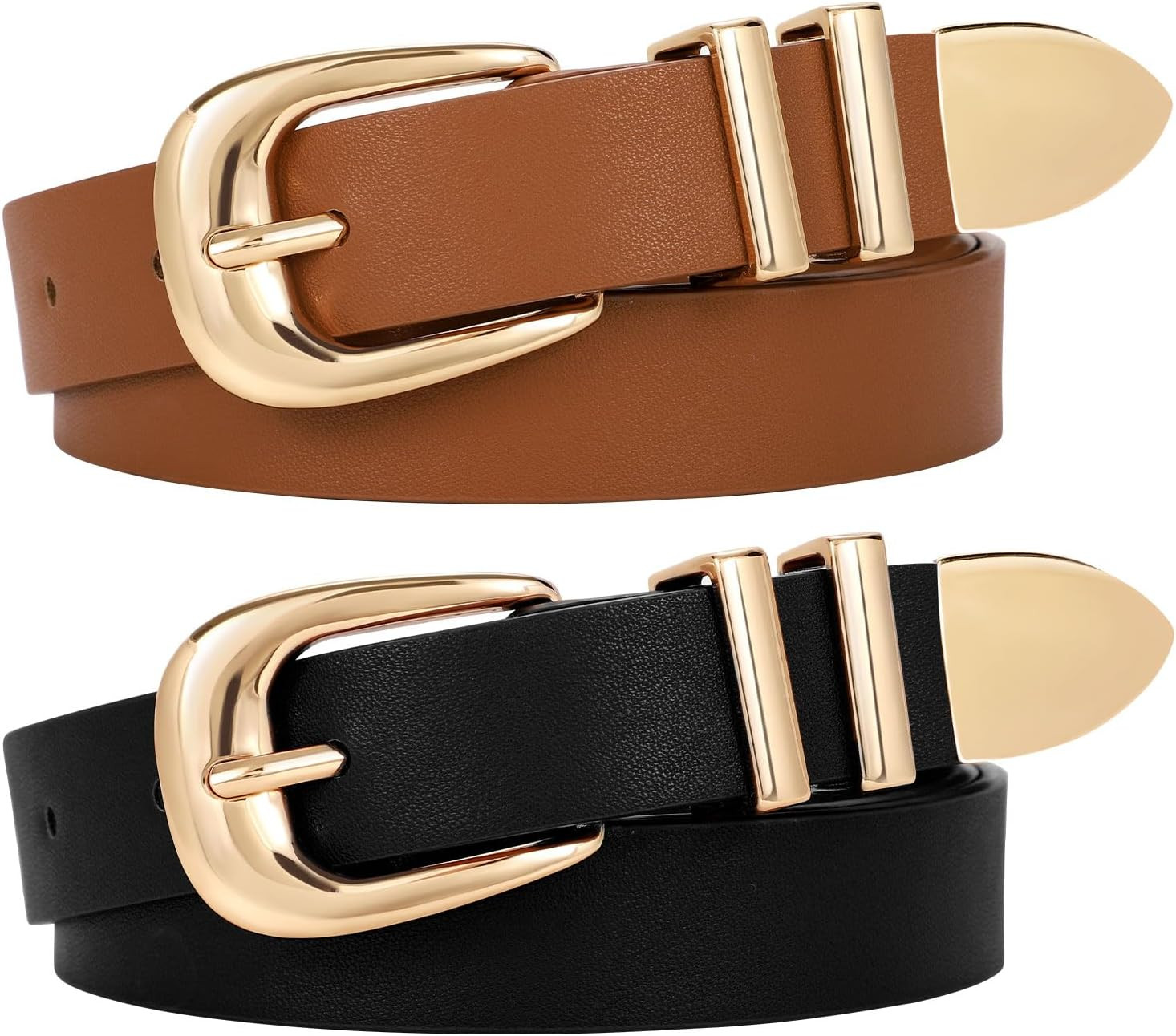 WERFORU 2 Pack Women Leather Belt Fashion Leather Waist Belt for Pants Jean Ladies Western Belt with Gold/Silver Buckle- | Amazon (US)