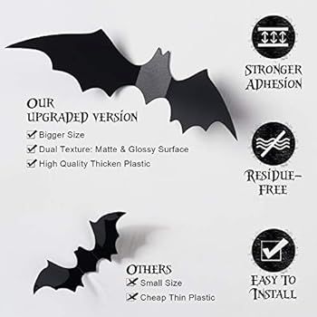 Amazon.com: Coogam 60PCS Halloween Bats Decoration, 4 Different Sizes Realistic PVC Black 3D Scar... | Amazon (US)