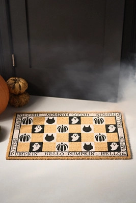 Hello Pumpkin Halloween Checkered Printed Coir Doormat | Anthropologie (US)