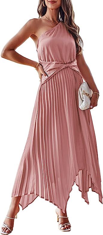 STYLEWORD Womens 2023 One Shoulder Satin Dresses Formal Semi Wrap Flowy Wedding Guest Cocktail Mi... | Amazon (US)