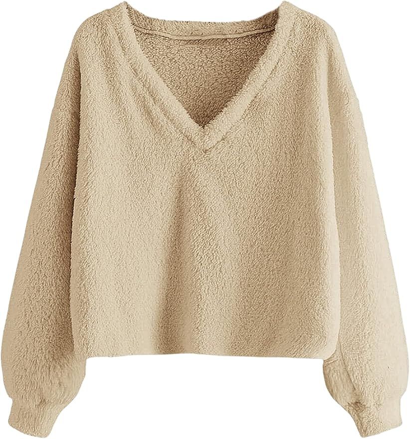 SheIn Women's V Neck Long Sleeve Fleece Pullover Sweatshirt Drop Shoulder Top | Amazon (US)