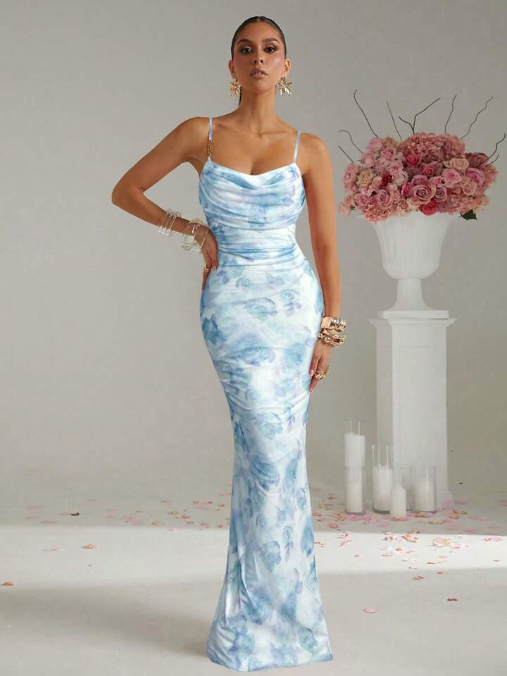 Lumalex Spring Valentine's Day Sweet Beautiful Valentines Outfit San Valentin Valentines Easter Wedding Engagement Coming Of Age Ceremony Women's Luxury Party Floral Print Dress, Ideal For Spring Festival, Valentine's Day Baby Blue Dress | SHEIN