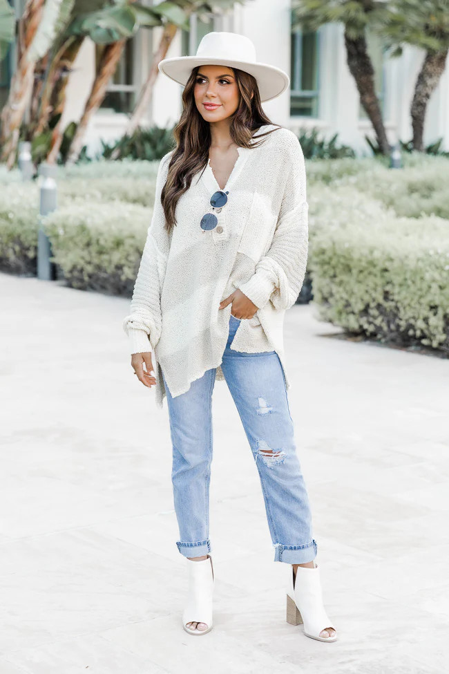 Know You Best Beige Oversized Striped Henley Sweater | Pink Lily