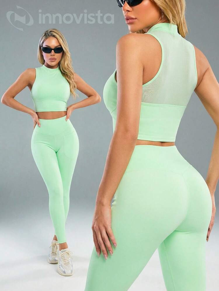 Innovista Women Other Dance Clothes Green Gym Set 2pcs Sleeveless High Neck Bra Tank & High Waist... | SHEIN