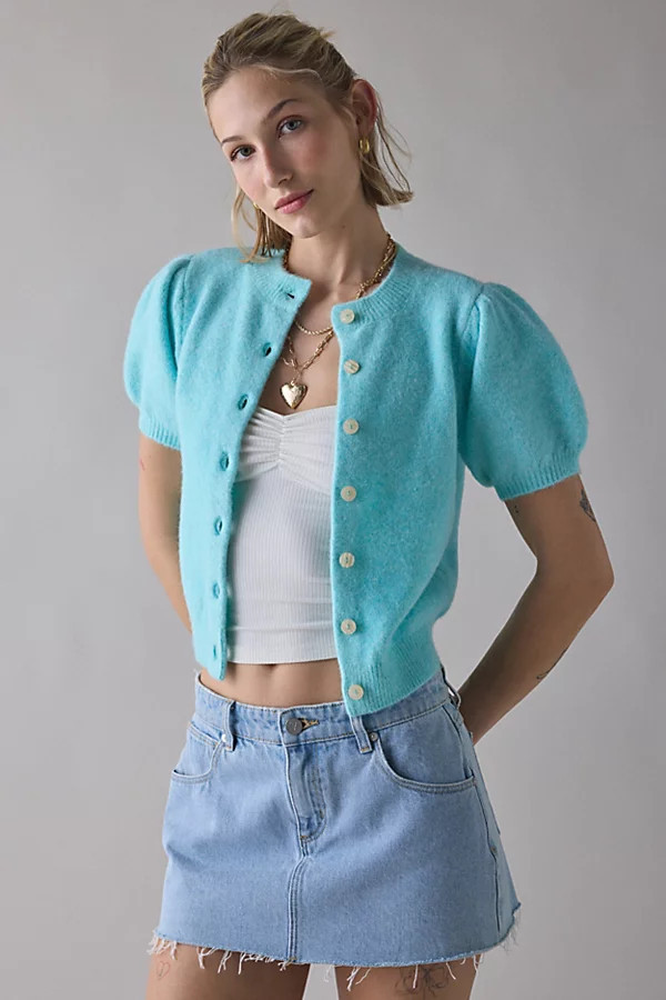 Kimchi Blue Kate Puff Short Sleeve Cardigan in Light Blue, Women's at Urban Outfitters | Urban Outfitters (US and RoW)