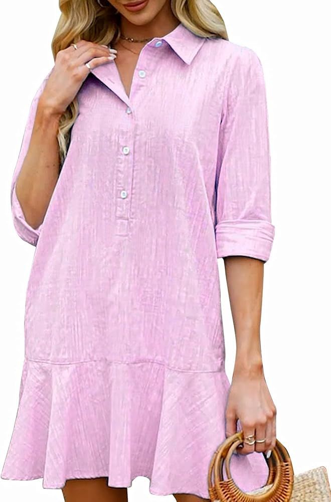 Women‘s Tunic Shirt Mini Dress Long Sleeve Cotton Short Dress Button Up Ruffle Hem Shift Dresse... | Amazon (US)