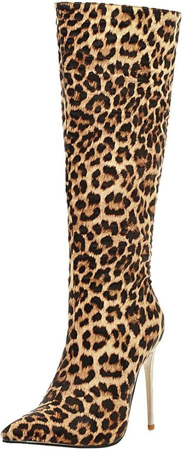 KOKOMOMO Womens Animal Print Knee High Stiletto High Heel Pointy Toe Boots | Amazon (US)