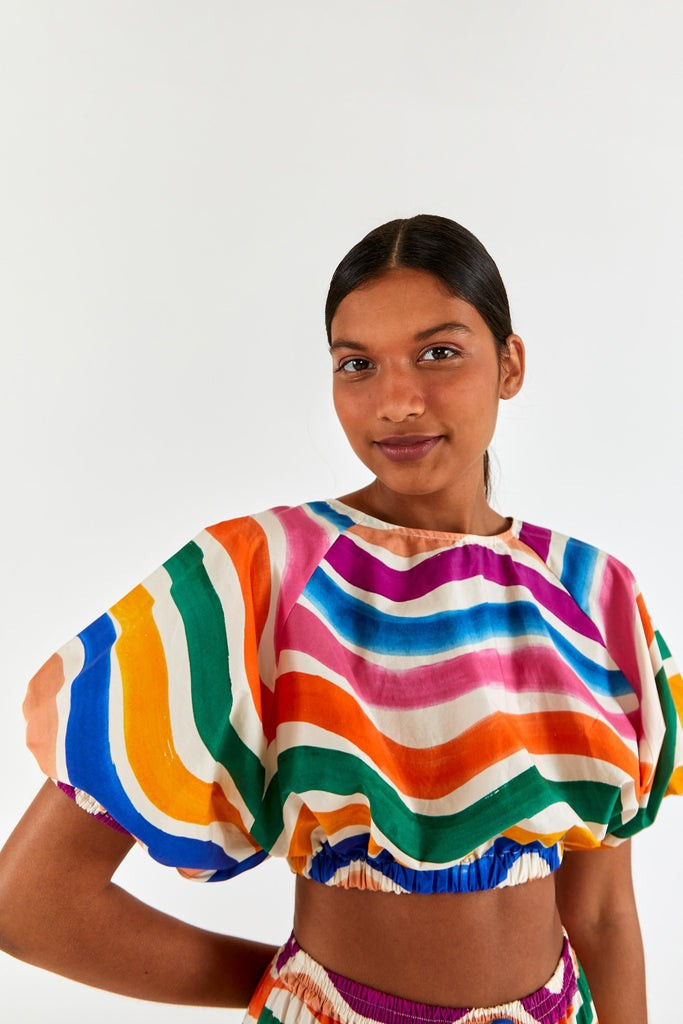 dancing stripes puff sleeve crop top | FarmRio (US)