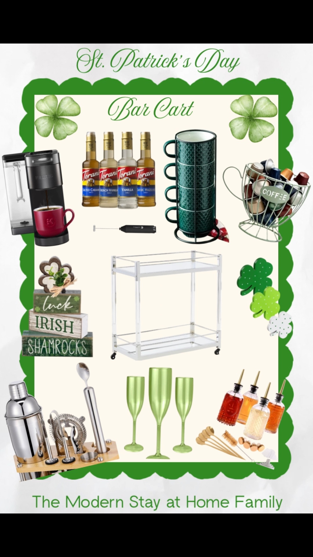 Turning our coffee bar into a festive St. Patrick’s Day bar cart 🍀 I love mixing everyday coffee essentials with simple green decor to create a cozy seasonal setup. From Irish coffee night to morning lattes, this cart is perfect for entertaining or just making your daily routine feel a little more special. Neutral pieces layered with green accents make it easy to style for spring and beyond.

st patricks day bar cart st patricks day coffee bar irish coffee bar cart green bar cart decor st patricks day home decor seasonal coffee bar coffee station ideas keurig coffee bar coffee syrup display torani syrups green coffee mugs bar cart styling ideas holiday bar cart small space bar cart rolling bar cart modern farmhouse decor spring coffee bar festive home decor entertaining ideas coffee bar accessories shamrock decor lucky decor green aesthetic family friendly entertaining

#LTKSeasonal #LTKfoodie #LTKHome