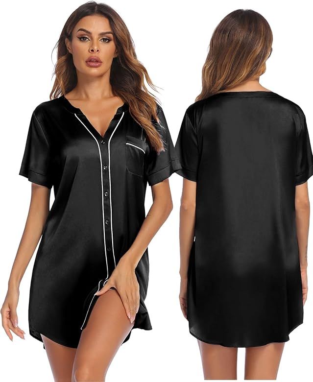 Ekouaer Women’s Silk Satin Nightgowns Sexy Sleepshirt Button Down Sleep Dress Short Sleeve Nigh... | Amazon (US)