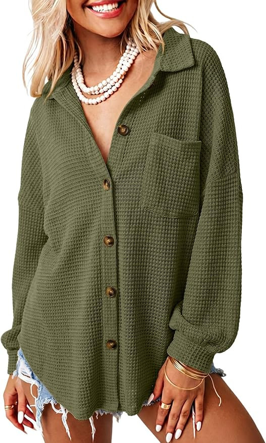 Dokotoo Womens Waffle Knit Shacket Jacket Casual Button Down Shirts Tops | Long Sleeve,Loose Fit,... | Amazon (US)