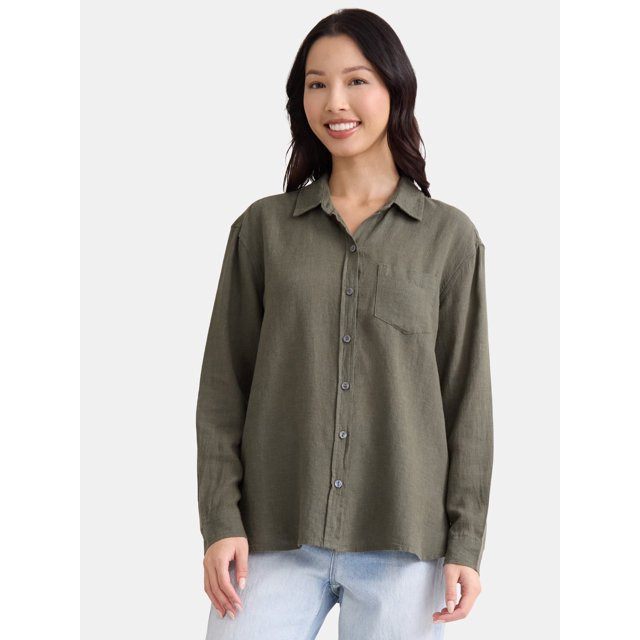 Time and Tru Women's and Women's Plus Linen Blend Oversized Shirt, Sizes XS-4X | Walmart (US)