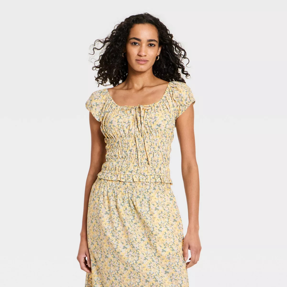 Women's Puff Short Sleeve Off the Shoulder Blouse - Universal Thread™ Green Floral S | Target