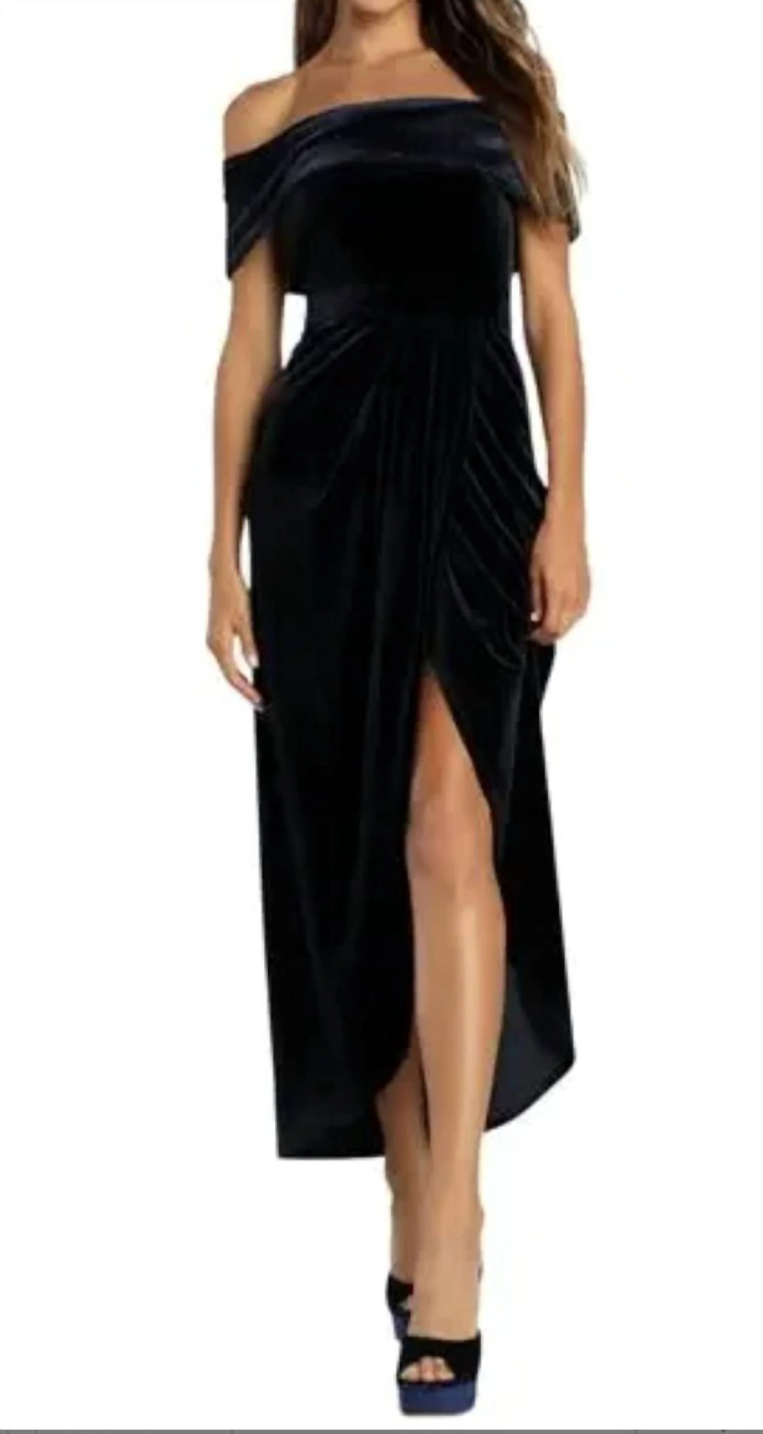 I'm Enchanted Velvet Off-The-Shoulder Maxi Dress In Navy Blue | Shop Simon