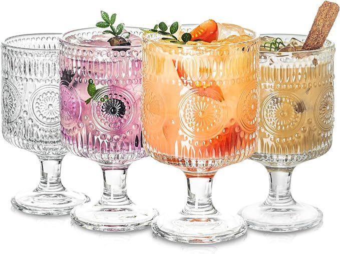 Romantic Vintage Goblet Glasses of 4, Charming Vintage Embossed Floral Decorative Glass Cups Set,... | Amazon (US)