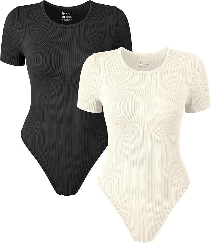 OQQ Women 2 Piece Bodysuits Sexy Crew Neck Short Sleeve Stretch Basic Bodysuits | Amazon (US)