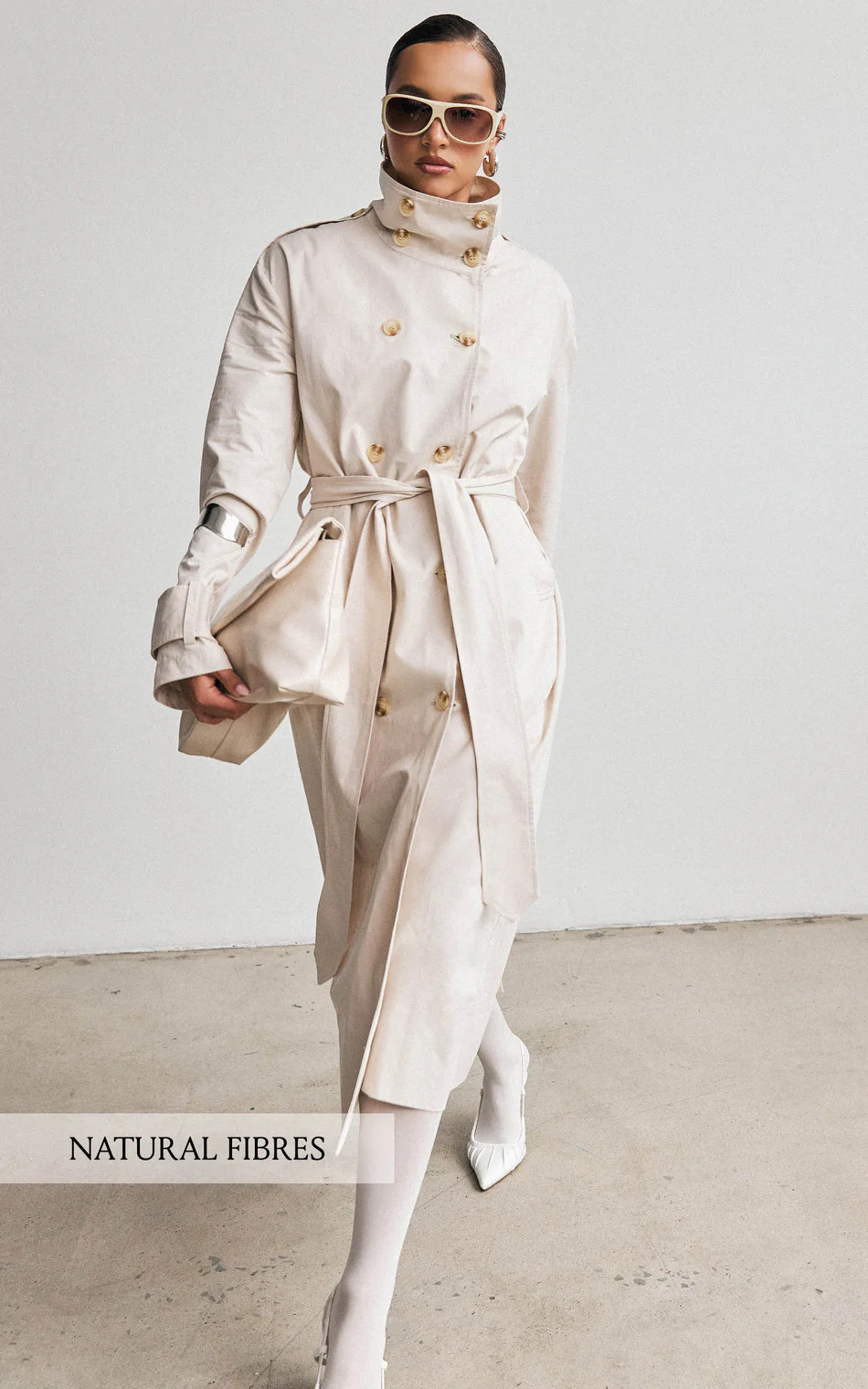 Funnel Neck Double Breasted Longline Trench Coat in Stone | Showpo (ANZ)