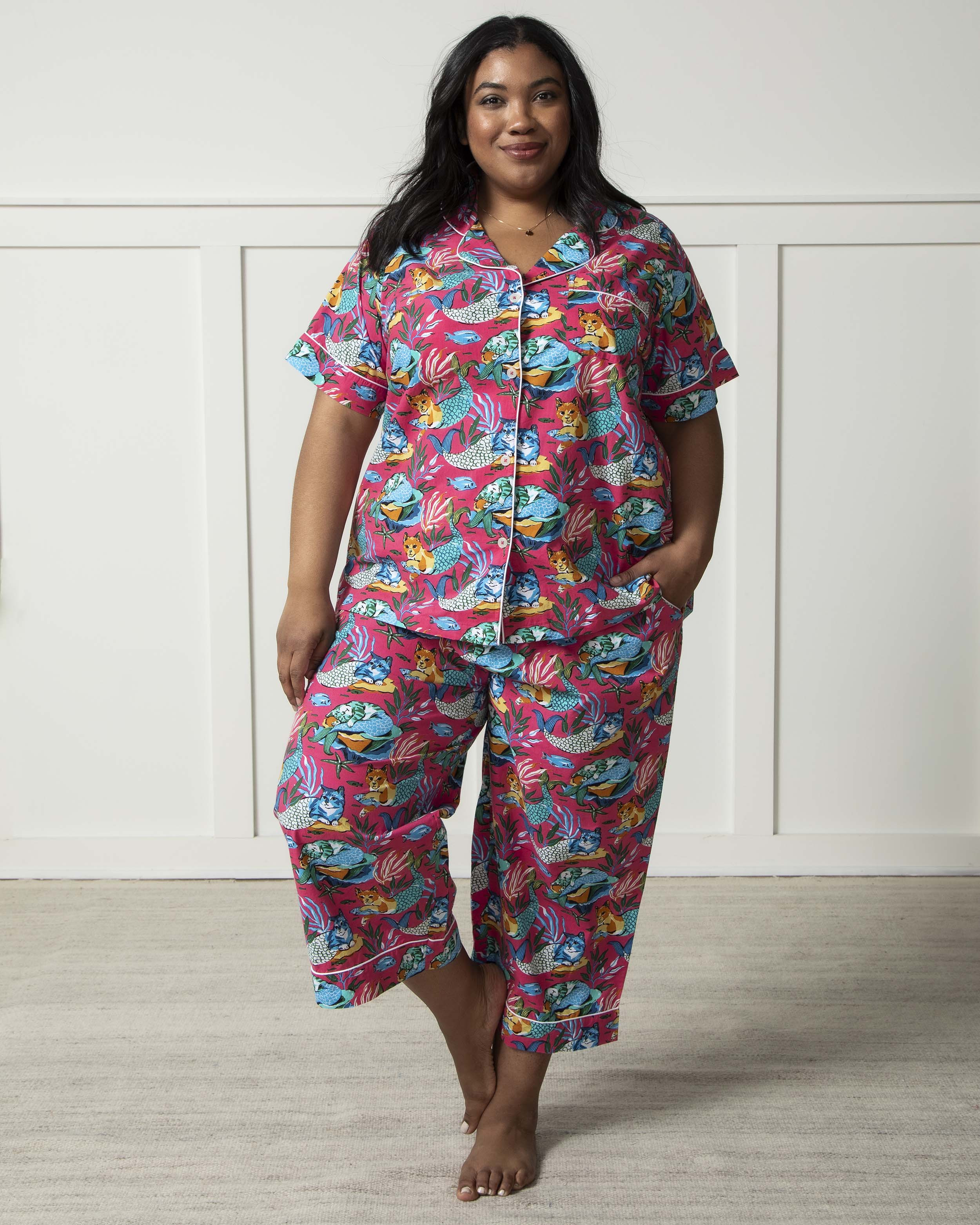 Meowing Mermaids - Short Sleeve Top & Cropped Pants Set - Hot Pink | Printfresh