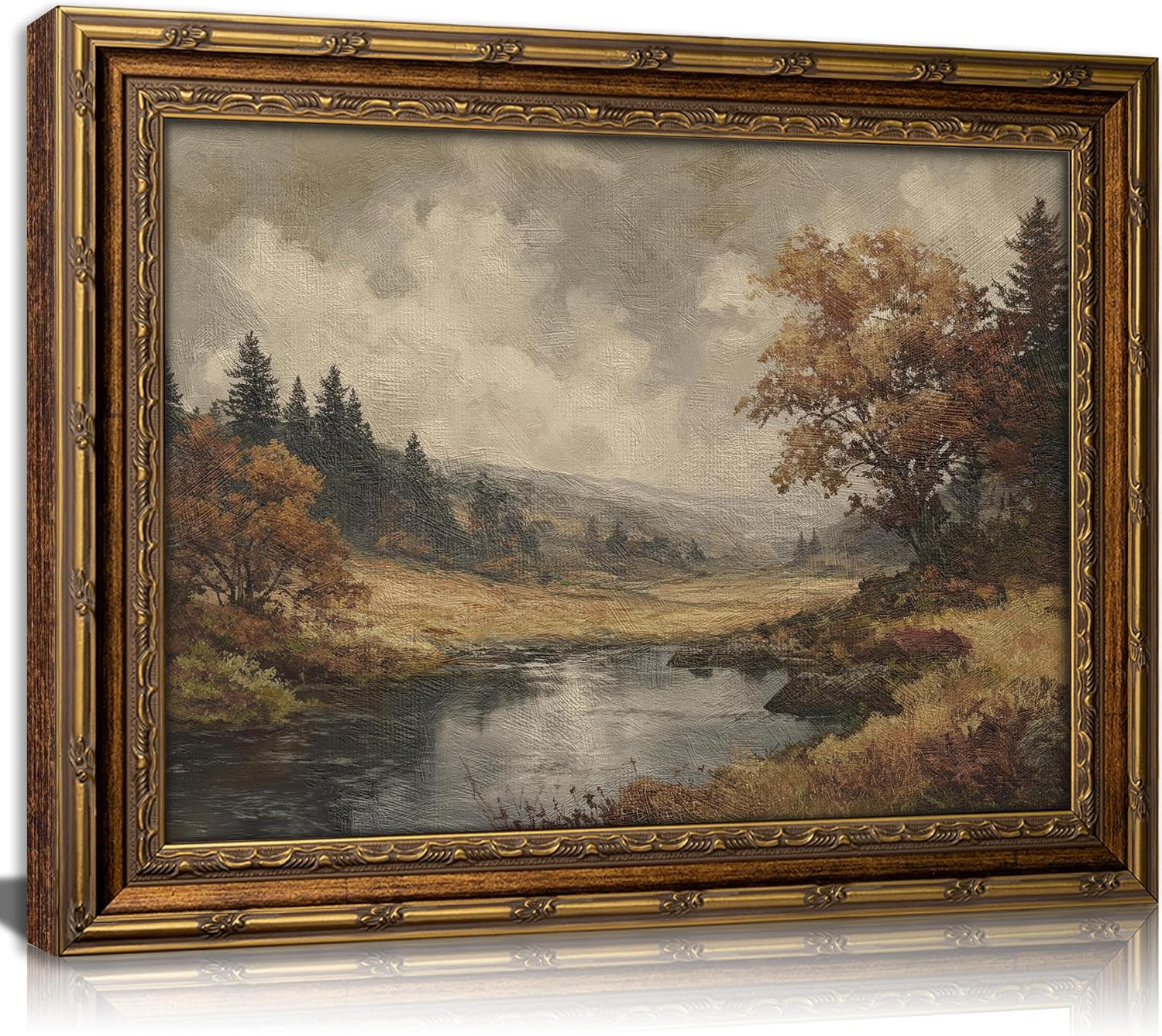 Vintage Gold Framed Moody Landscape Wall art, Cottagecore Fall River Scenery Oil Painting Canvas Print, Autumn Forest Lake Picture, Rustic Farmhouse Poster Artwork for Living Room Bedroom Bathroom | Amazon (US)