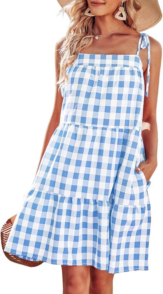Potany Women's Summer Dresses Spaghetti Strap Mini Dress Plaid Tiered Ruffle Loose Short Flowy Pl... | Amazon (US)