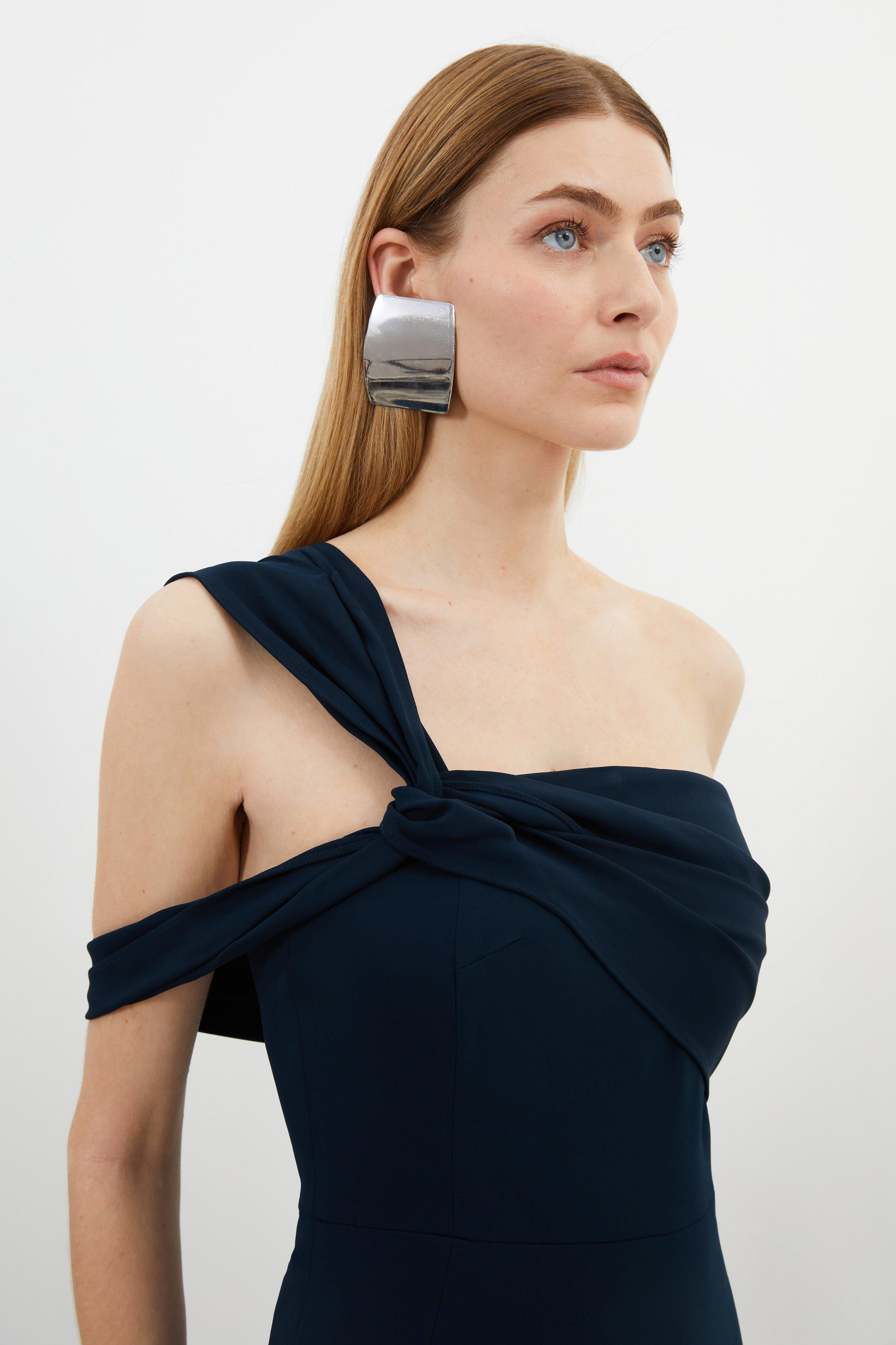 Compact Stretch Viscose Tailored One Shoulder Maxi Dress | Karen Millen UK + IE + DE + NL