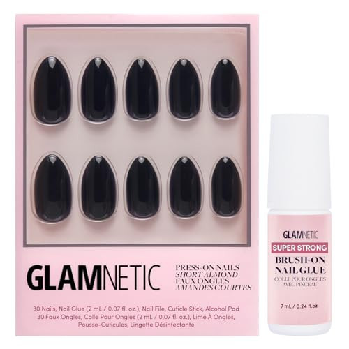 Glamnetic Press On Nails & Brush On Nail Glue Bundle - Boba | Opaque Black Short Almond Nails, Reusable | 12 Sizes - 24 Nail Kit | Amazon (US)