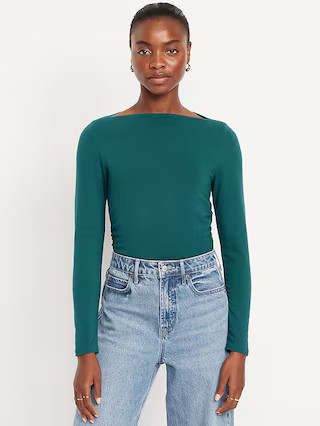 Long-Sleeve Slit-Neck Ruched Top | Old Navy (US)