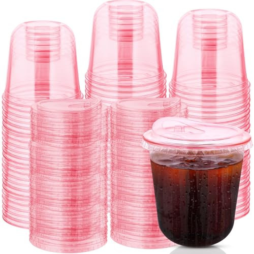 100 Sets Disposable Stemless Glasses With Strawless Sip Lids,PET Drinking Cups,Clear Plastic Coffee Cup for Iced Coffee, Smoothie, Cold Beverage, Drink Shop and Christmas Party Supply (Pink, 12 oz) | Amazon (US)