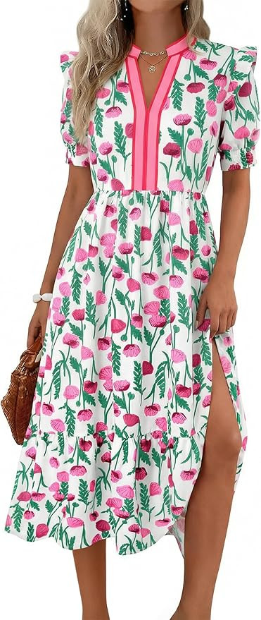 Wenrine Womens Summer Midi Dress Casual Floral Puff Short Sleeve V Neck Swing Flowy Boho Beach Dr... | Amazon (US)