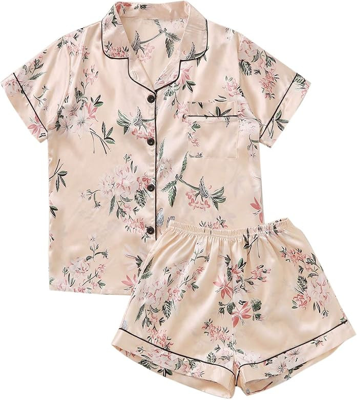 Women's Notch Collar Palm Leaf Print Sleepwear Two Piece Pajama Set | Amazon (US)