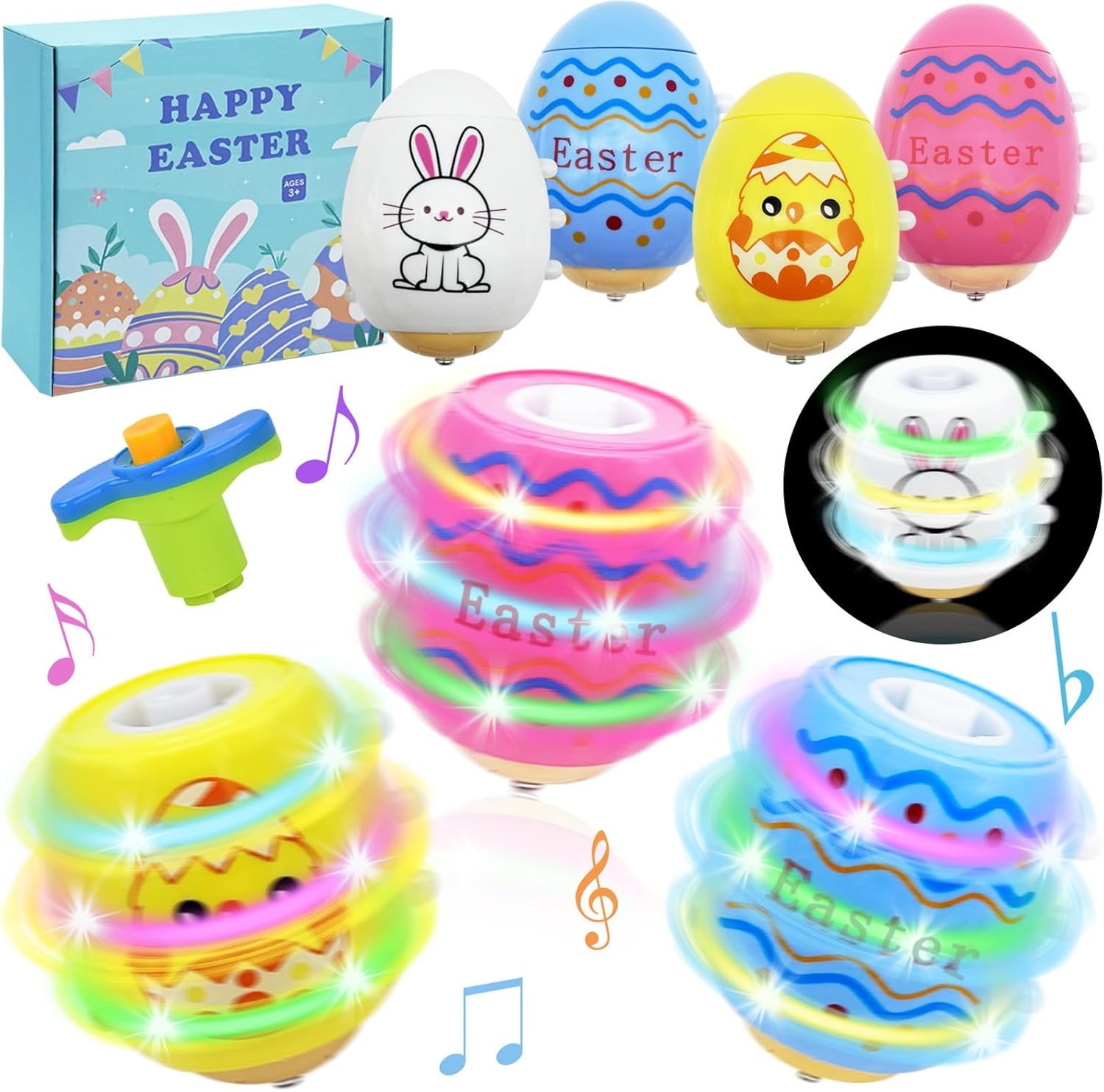Easter Basket Stuffers for Kids - 4 Pack Light Up Spinning Tops with Flash and Music, Egg Fillers... | Amazon (US)