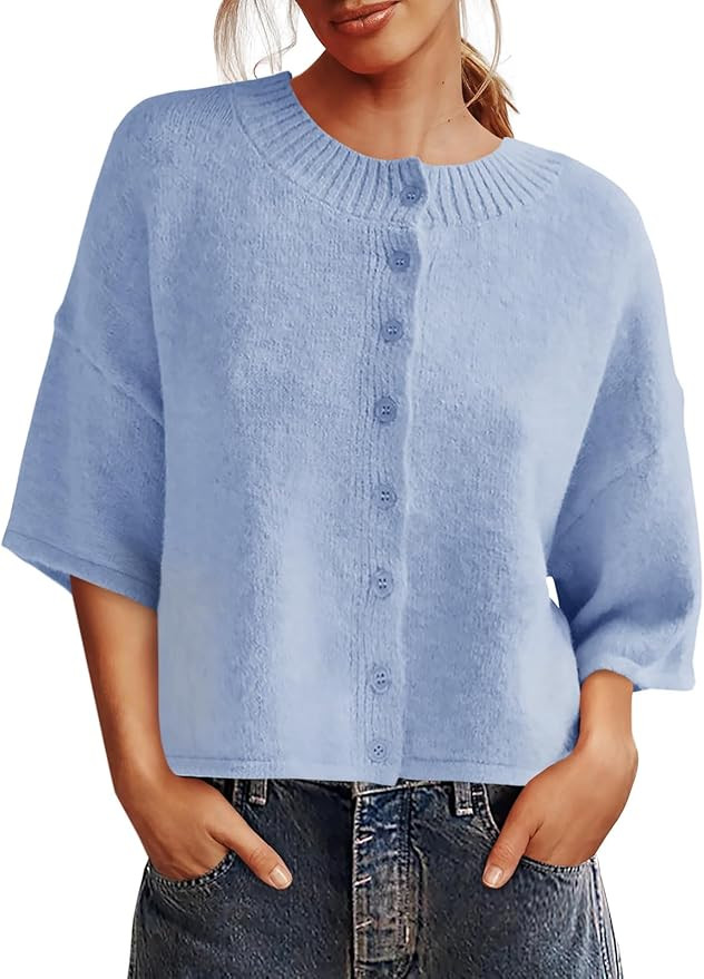Saodimallsu Womens 3/4 Sleeve Cardigan Sweater Button Down Cropped Crewneck Cardigan 2025 Fall Ca... | Amazon (US)