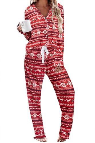 Ekouaer Christmas Pajamas Women's Cozy Button Down Nightwear Cotton Sleepwear Pjs Set Holiday Party Lounge Set Medium,Christmas Pattern | Amazon (US)