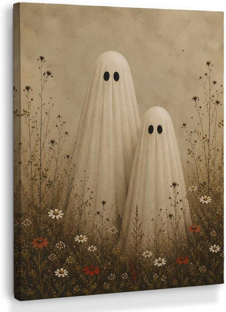 XINCEYWJ Halloween Ghost Floral Wall Art Decor, Rustic Cute Ghost Framed Canvas Art Prints, Spook... | Amazon (US)