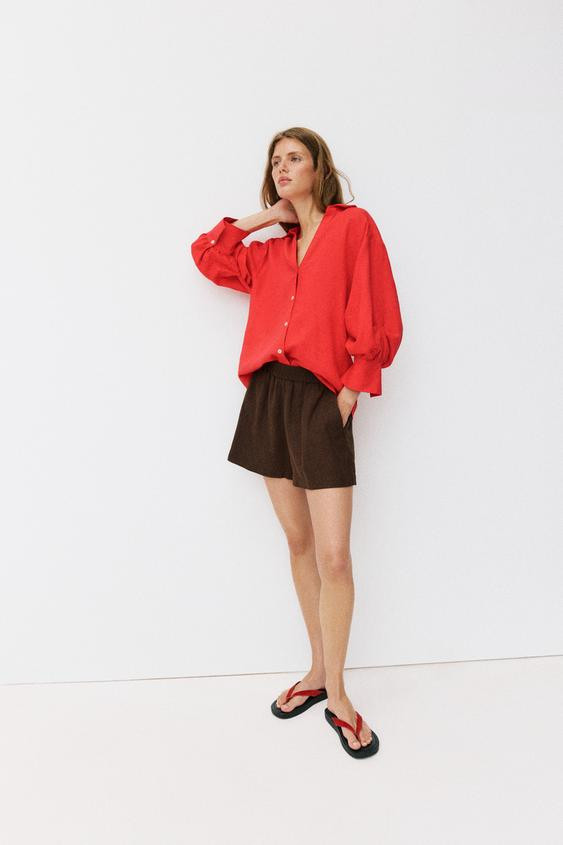 LINEN BLEND PUFF SLEEVE SHIRT | Zara UK