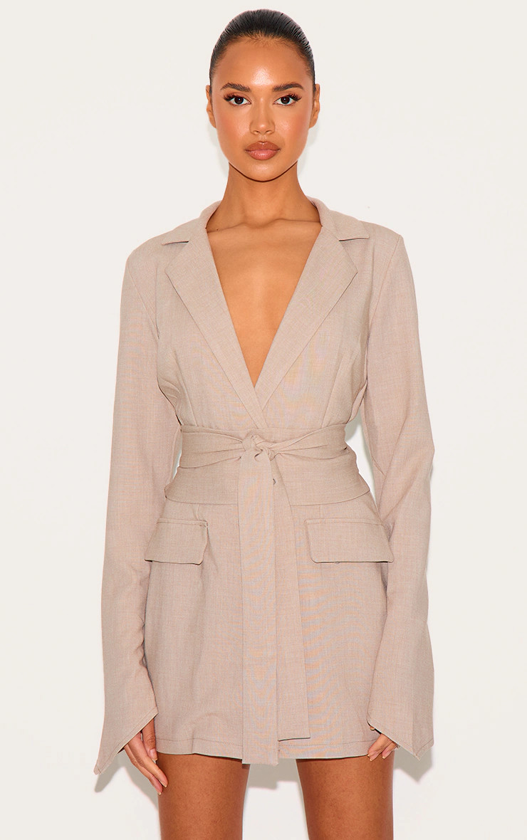 Stone Woven Wrap Belted Blazer Dress | PrettyLittleThing US